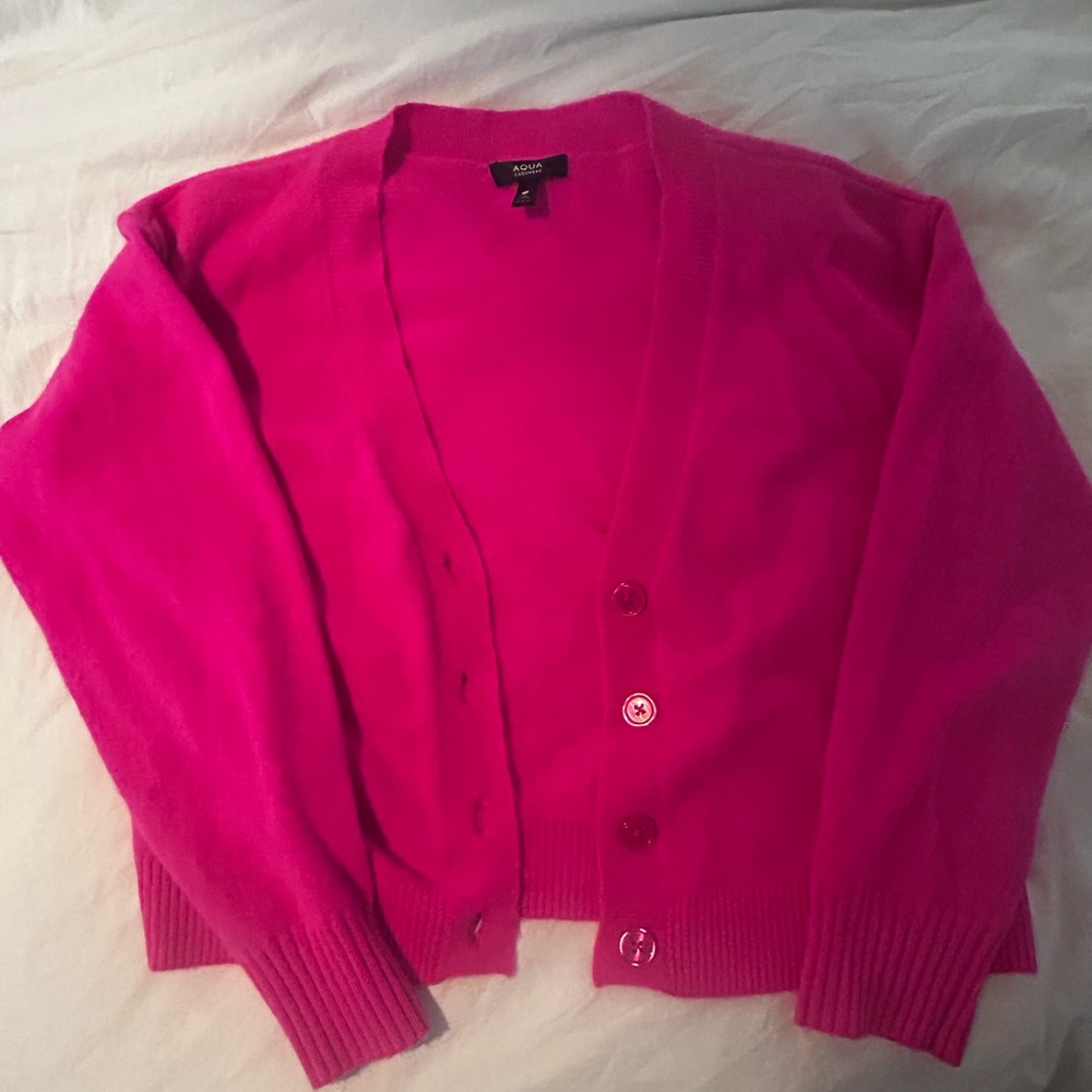 Aqua Neon Pink Cashmere Cardigan Sweater with Ribbed Details